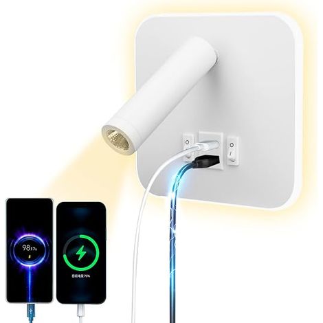 LED Reading Lamp Wall Lamp USB Type - C Dual Adjustable Charging Mouth Switch 12W Spotlight LED 3000k Wall Lamp Aluminum Bed Swivel Light Square White (1/5)