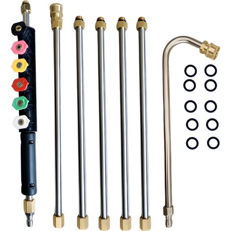Rallonges de lance pour nettoyeur haute pression – 7 tiges (dont 1 coudée à 90°) et 6 buses – Connecteurs rapides 1/4" – 275 bar (4000 psi) – Pour toit, châssis, gouttières et murs (1/5)