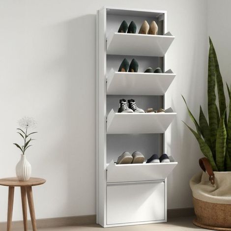 Dmora Schuhschrank aus Metall mit fünf Türen mit Klappe, Farbe weiß, Maße 50 x 169 x 15 cm (1/5)