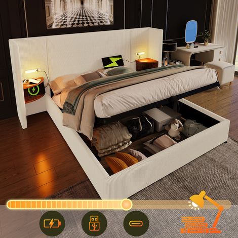 Polsterbett Doppelbett 160 x 200 cm mit Nachttisch, Leselampe und USB Typ-C Ladefunktion, Stauraumbett mit Lattenrost aus Massivholz und Metall, Cordstoff Beige-Weiß, ohne Matratze