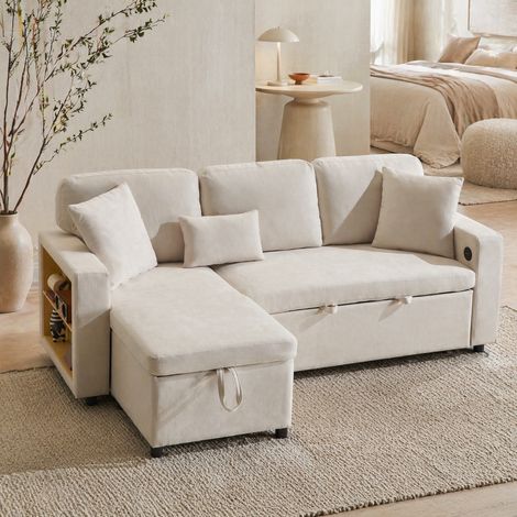 Canapé d'angle convertible 4 places avec rangement, USB et étagère intégrée, beige HAVRYA (1/5)