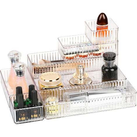Set mit 7 transparenten Aufbewahrungsboxen für Schubladen, stapelbaren Tabletts in 4 Größen für Make-up, Schubladenaufbewahrungsboxen, Schubladenablagen für Büroschubladen, Schubladeneinsätze für Küch (1/5)