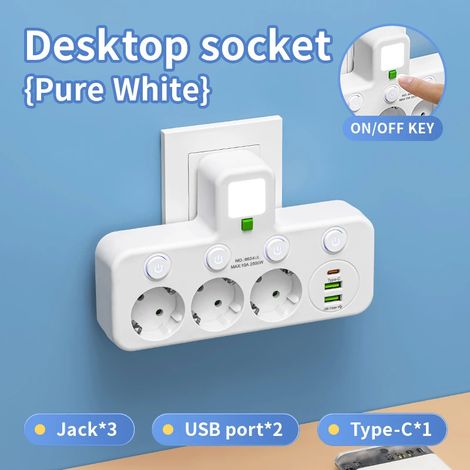 Prise multiple murale blanche 3 prises électriques avec interrupteurs individuels 2 ports USB et 1 port USB C 10 A 2500 W bloc prise avec interrupteur marche arrêt pour maison bureau (1/2)