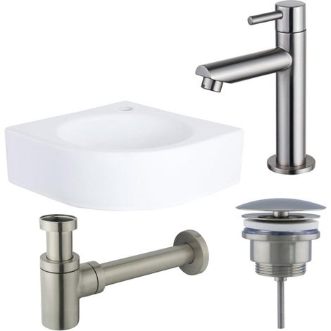 QeramiQ Fuente Pack Lave-mains d'angle - 30x30x10cm - 1 trou de robinet - céramique - robinet Inox brossé - Blanc brillant