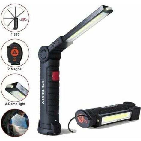 Lampe de travail LED rechargeable avec 800 lumens, base magnétique, 5 modes pour garage, camping, urgences, lampe torche baladeuse LED. (1/4)
