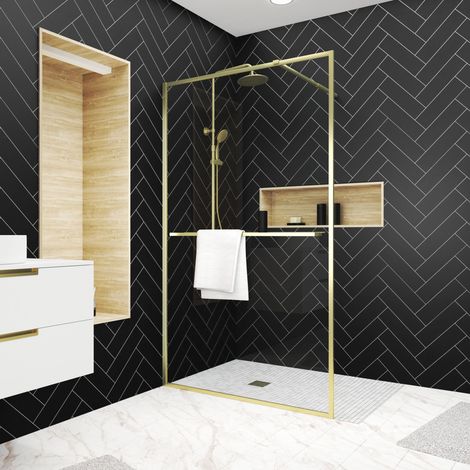 paroi de douche or doré brossé 120x200cm - porte-serviette et etagère (1/5)