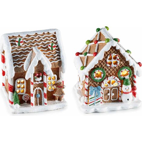 Casette natalizie decorative pan di zenzero in resina con luci LED, set da 2 pezzi, cm 11 x 11 x 13 H