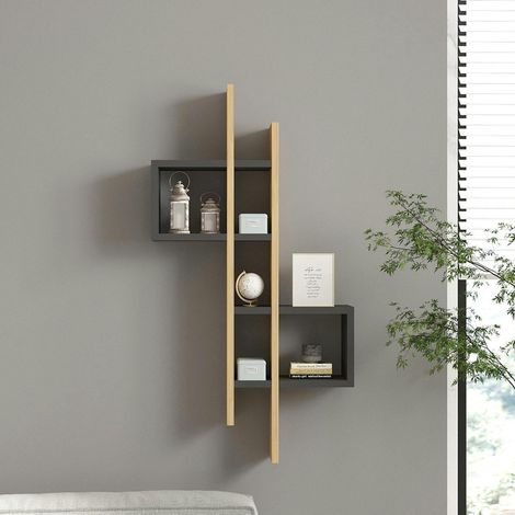 Etagère murale design bicolore, effet chêne et gris MARFA (1/4)