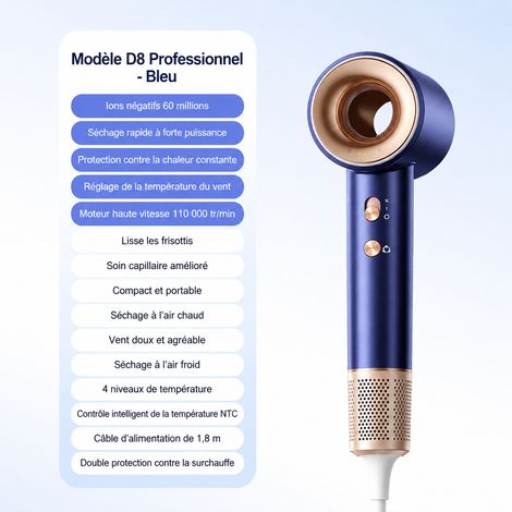 Sèche-cheveux haute vitesse D8 1800W design creux 110 000 tr/min 600M ions négatifs Bleu d8 11 6 bleu 580 g – Livraison gratuite