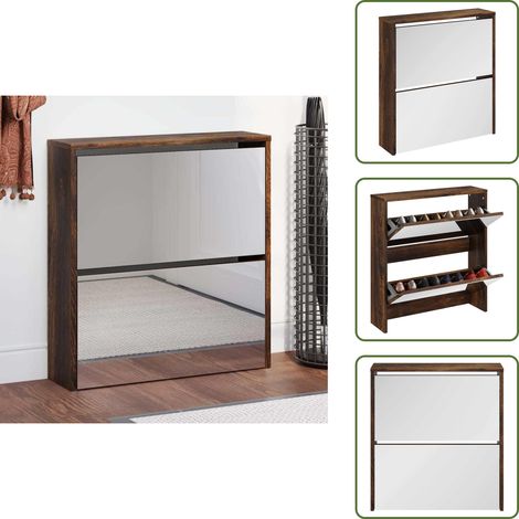 The Living Store Mueble zapatero con espejo 2 niveles roble ahumado 63x17x67 cm - Mueble de almacenamiento