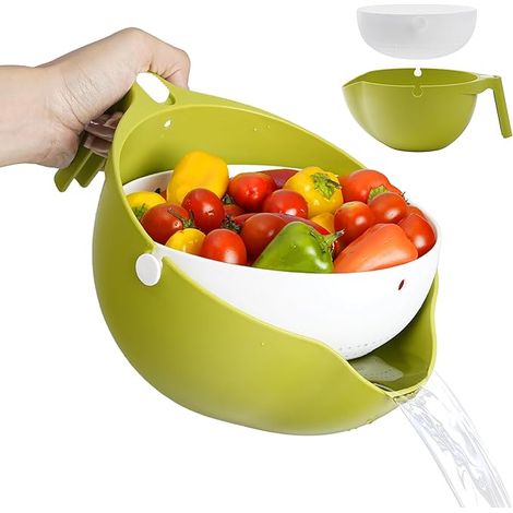 Passoire rotative avec bol pour fruits et légumes - Trempage, lavage et égouttage - Passoire double couche avec bol - Pâtes (1/5)