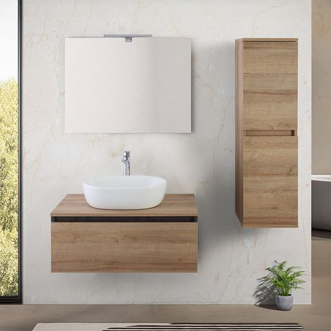 Mobile bagno sospeso 80 cm ossido e rovere con lavabo e specchio Kleo (1/5)