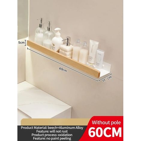 (Blanc 60 cm) Étagère d'angle en bois et aluminium pour salle de bain, rangement pour shampoing, étagère murale de douche (1/5)