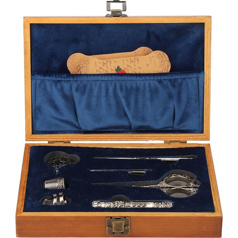 Vintage Embroidery Scissors Set Wooden Stainless Steel Sewing Box Scissors Kit Multifunctional Sewing Embroidery Tools Silver (1/5)