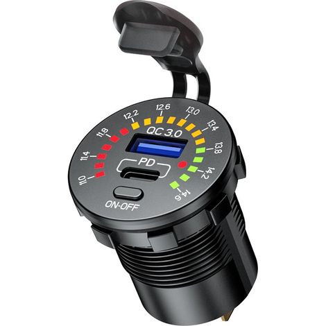 Conector doble USB para motocicleta Biketec Tipo-C + USB QC 3.0 - Suministro de energía de 40 W. Con voltímetro. Montaje en superficie plana (carenado, baúl) o en el manillar (se requiere el adaptador