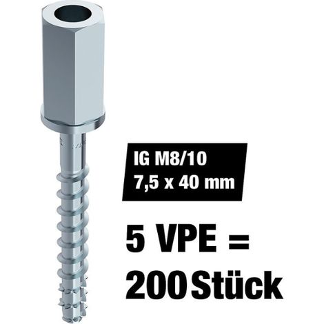 Kit promo vis à béton et à brique Multi-Monti® Plus à tête hexagonale - filetage intérieur M8/10, 7,5 x 40 mm, 200 pièces (1/2)