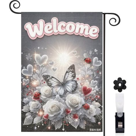 Drapeau de jardin décoratif 30 x 45 cm motif papillon et roses blanches toile double face résistante et lavable (1/5)