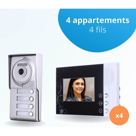 Portier interphone vidéo CLASSIC 4 Fils - 4 appartements - 4 écrans noirs