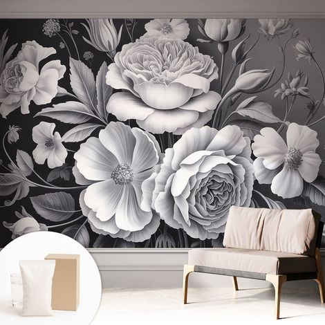 Papier peint intissé décoratif pour chambre et salon Design moderne à poser facilement - Colle incluse gratuite Fleurs grises 312x219 cm (1/5)