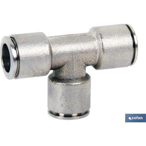 Raccord en T métallique rapide pour tuyau de 8 mm, connexion instantanée et résistant à la corrosion.