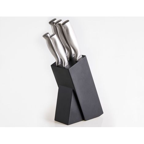 Knife Set Silver Stainless Steel 5 Pieces with Wooden Block Chef's Knife Hand-Sharpened 54 HRC Hardness Modern Design MASHIKO