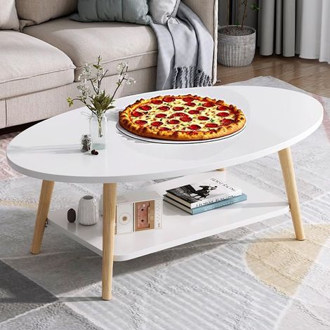Petite table basse en pin avec 2 étagères, 80 x 40 cm, ovale, blanche (1/5)