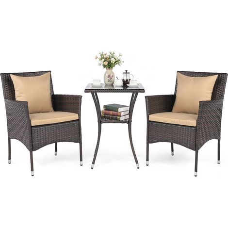 Salon de Jardin 3 PCS en Osier PE, 2 Chaises Rembourrées et 1 Table Basse en Verre Trempé à 2 Niveaux, pour Balcon Jardin (Marron+Brun) (1/5)