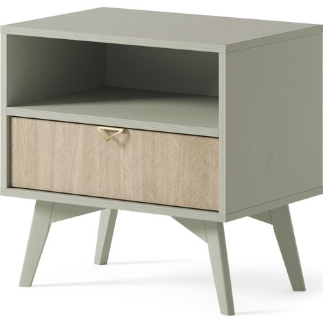 Beistelltisch 54 cm WOOD - Nachttisch mit Schubladen, Nachtkommode für Polsterbett, Boxspringbett - Nachtschrank, Telefontisch - Hellgrün (1/5)