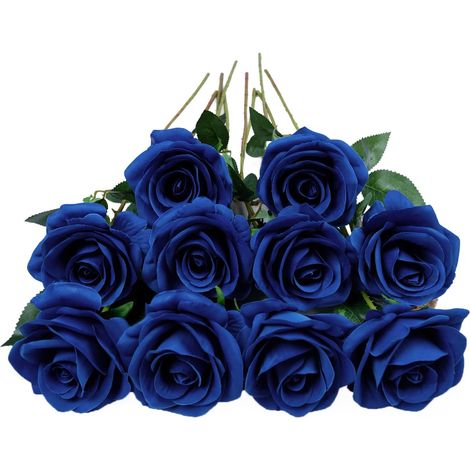 Rose artificiali in seta blu reale, 10 pezzi, per decorazioni nuziali.