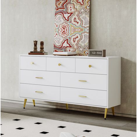 meuble rangement salon 7 tiroirs blanc 140 cm OKMYHOME (1/5)