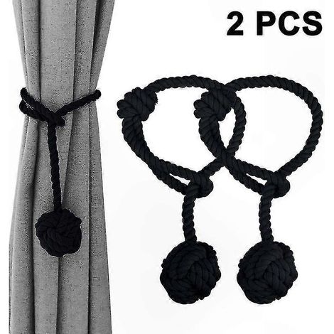 Paire de crochets de rideau tricotés main, attaches décoratives pour voilage à pompon unique, corde noire pour fixation de draperies, accessoire de fenêtre élégant pour intérieur. (1/5)