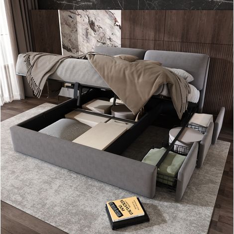 DESVIAE Lit coffre rembourré 180 x 200 cm avec 3 tiroirs rangement sommier à lattes tête de lit réglable tissu velours gris (1/5)