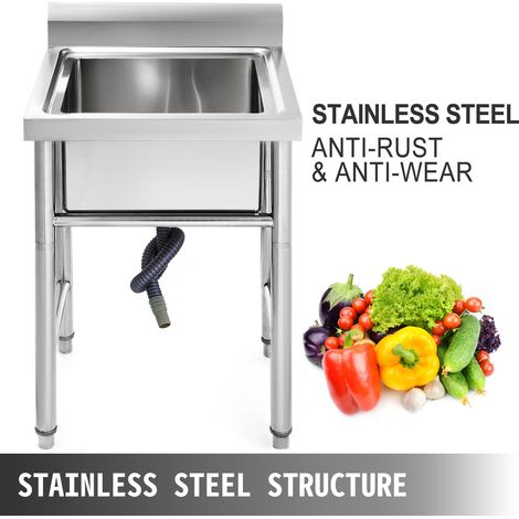 Évier Inox de Cuisine 1 Bac Évier sur Pieds en Acier Inox Anti-Eclaboussures Lavabo Inox Professionnel pour Faire la Plonge Cuisine de Restaurants, Salle de Bain, Garages, Entrepôts 93x61x60cm (1/5)