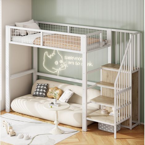 lit mezzanine enfant rangement 90x200 metal blanc avec HAVRYA (1/5)