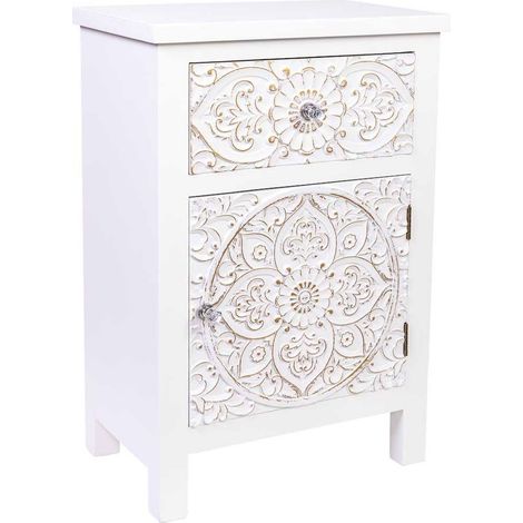 Table de chevet romantique blanche en métal avec tiroir et porte - blanc romantique motifs dorés (1/5)