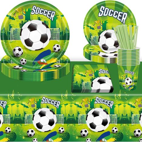 Set Vaisselle Football - 10 Assiettes Dessert 18 cm - 10 Assiettes Repas 23 cm - 10 Gobelets - 20 Serviettes - 25 Pailles - 1 Nappe 130 x 220 cm (1/5)