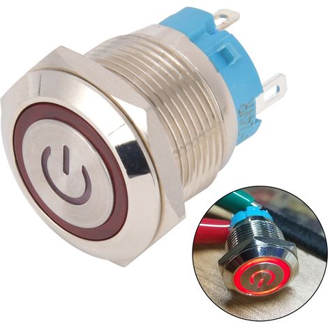 Lot de 2 interrupteurs à bouton-poussoir 4 broches, tête plate ronde de 19 mm, boîtier en acier inoxydable avec voyant lumineux, IP65, 12-24 V CC, rouge (1/5)