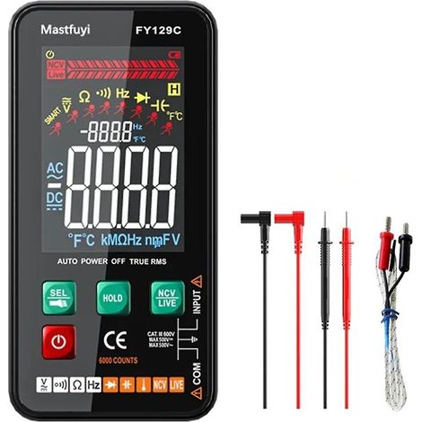 Multimètre numérique intelligent avec support, écran couleur LCD, testeur AC/Ohm, diode, NCV, fréquence, fil sous tension (1/5)