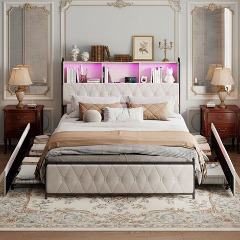 Lit double rembourré 180x200cm - avec 4 tiroirs, RGB LED, station de recharge, sommier à lattes et tête de lit rangement, velours - Beige (1/5)