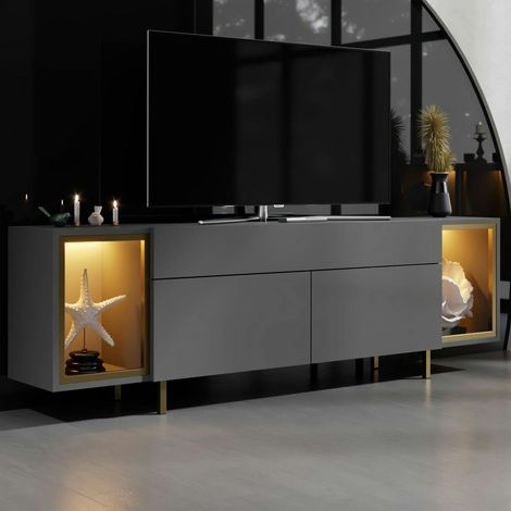 Meuble TV gris et doré 2 portes 2 niches LED AURA (1/5)