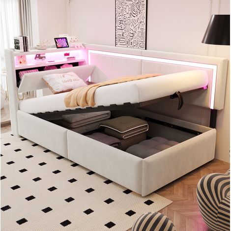 Divano letto 90 x 200 cm con contenitore, LED e porte USB, velluto beige HAVRYA (1/5)