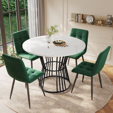 Table ronde 100 cm avec 4 fauteuils velours vert, ensemble salle à manger 5 pièces, piètement acier noir, plateau MDF blanc.