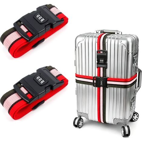 Set di 2 cinghie per bagagli，5 x 200 cm，Cinghia per valigia con lucchetto a combinazione，Cinghia regolabile per valigie e borse da viaggio (1/5)