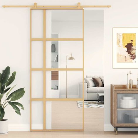 Vidaxl – Porte coulissante dorée 90x205 cm – Verre ESG clair – Cadre aluminium robuste – Coulissement silencieux