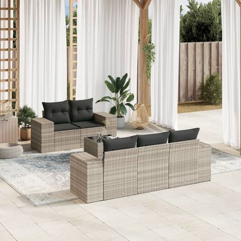 Ensemble salon jardin 6 places résine tressée gris clair avec table verre trempé et coussins gris foncé (1/3)