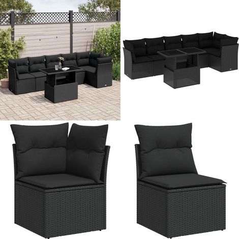 Salon de jardin 7 pcs avec coussins noir résine tressée - Ensemble Salon De Jardin - Salon De Jardin Extérieur - Meuble De Jardin - Table De Jardin Extensible - Chaise Longue - Home & Living (1/5)