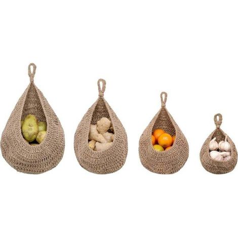 Lot de 4 paniers de rangement suspendus en forme de larme en jute tissé à la main pour garde-manger, panier de fruits et légumes à suspendre Boho