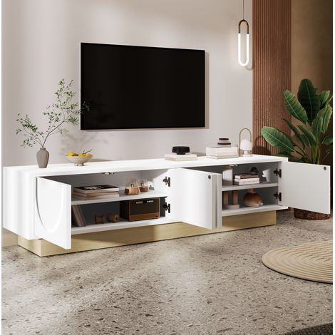 Meuble TV en MDF blanc avec base aspect bois, 175x40x41,5 cm, 4 portes, design courbé et rangement fermé (1/5)