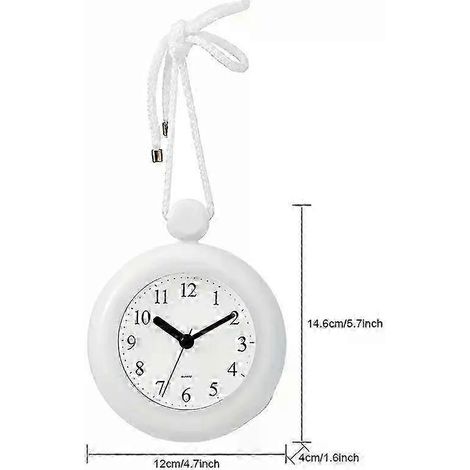 Une horloge, horloge de salle de bain étanche de 4,5 pouces avec cordon, support en maille réglable, réveil rond moderne et minimaliste pour le salon, la chambre et la salle à manger. (1/3)
