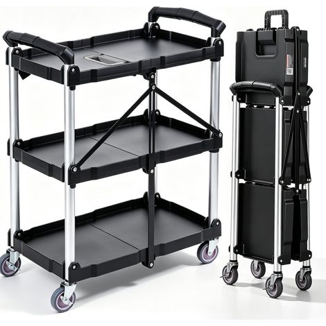 Chariot de Service 65x39x83 cm Chariot de Transport Utilitaire Pliable 3 Étagères Capacité Totale 74,8 kg 25 kg/Étagère Roues Pivotantes (2 avec Freins) pour Outils de Garage Entrepôt Bureau (1/5)